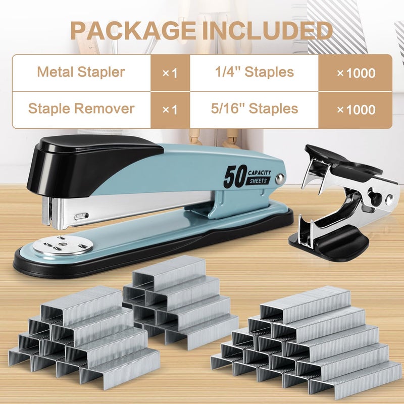 Deli Stapler Heavy Duty, Full Strip Staplers for Desk with 2000 Staples and Staple Remover, 50 Sheet Capacity, No Jam, Non-Slip Office Stapler with Staples for Office, Classroom, Blue - Image 3